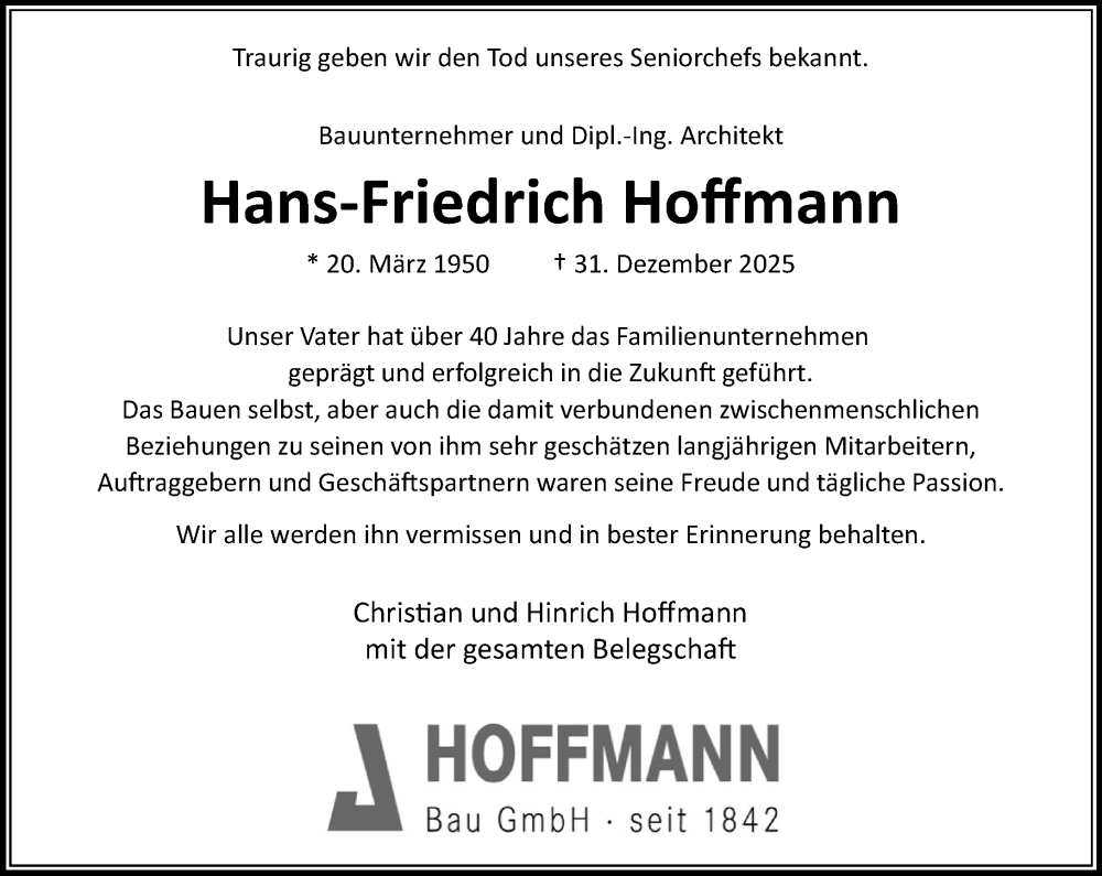  Traueranzeige für Hans-Friedrich Hoffmann vom 10.01.2026 aus MARKT Bad Oldesloe/Reinfeld und Stormarner Tageblatt