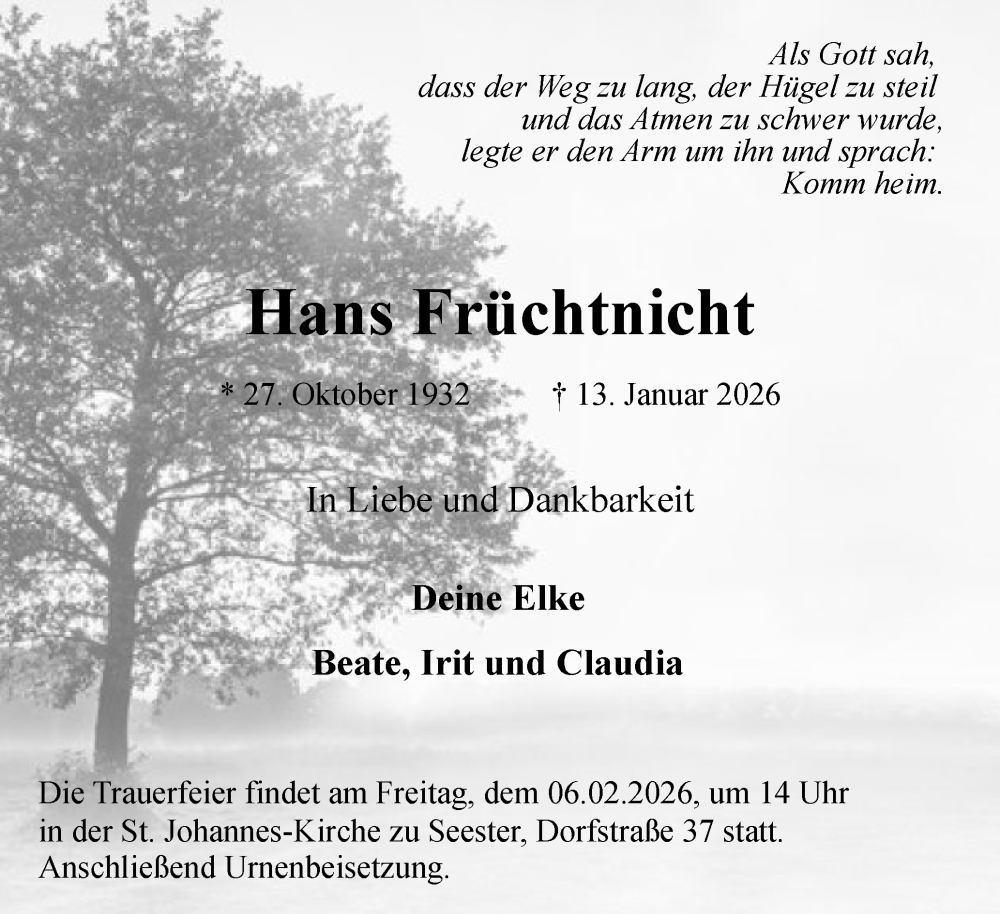  Traueranzeige für Hans Früchtnicht vom 24.01.2026 aus Elmshorner Nachrichten, Barmstedter Zeitung