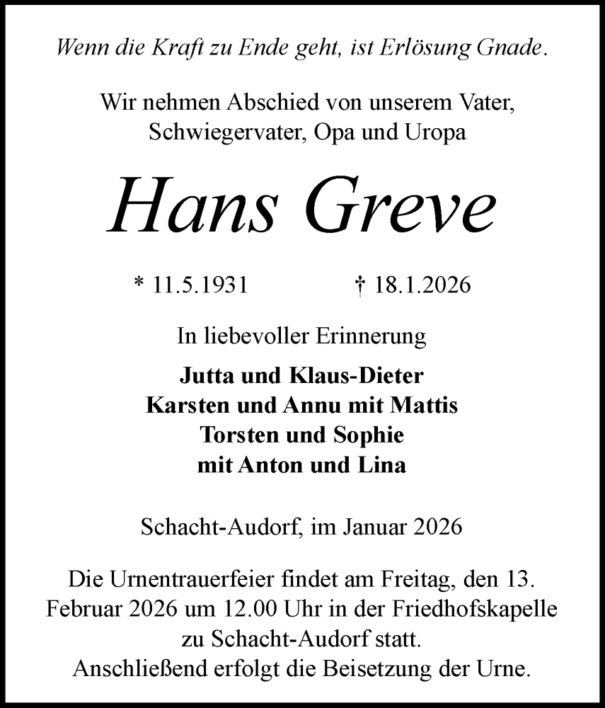  Traueranzeige für Hans Greve vom 31.01.2026 aus Schleswig-Holsteinische Landeszeitung