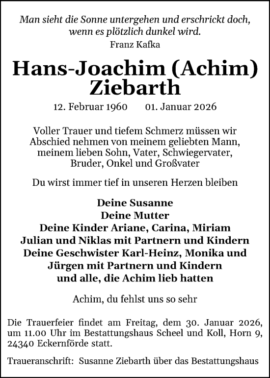Traueranzeige von Hans-Joachim Ziebarth von Eckernförder Zeitung, Hallo Eckernförde