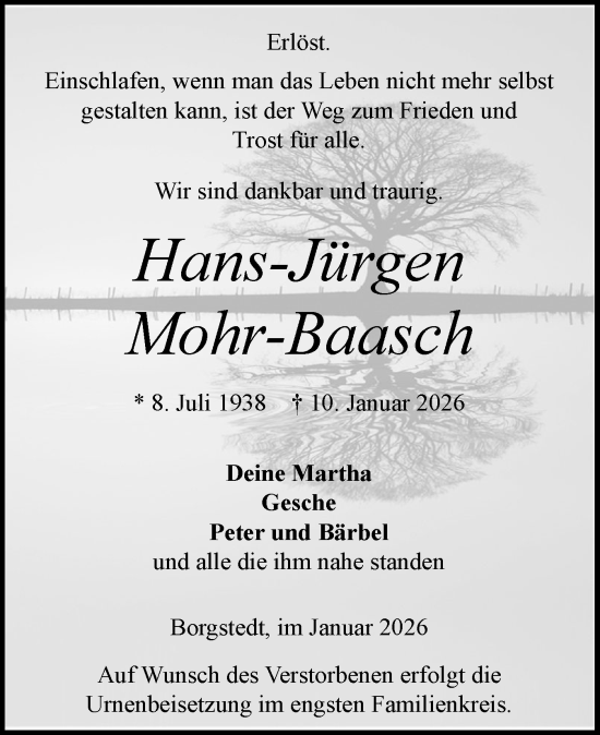 Traueranzeige von Hans-Jürgen Mohr-Baasch von Schleswig-Holsteinische Landeszeitung