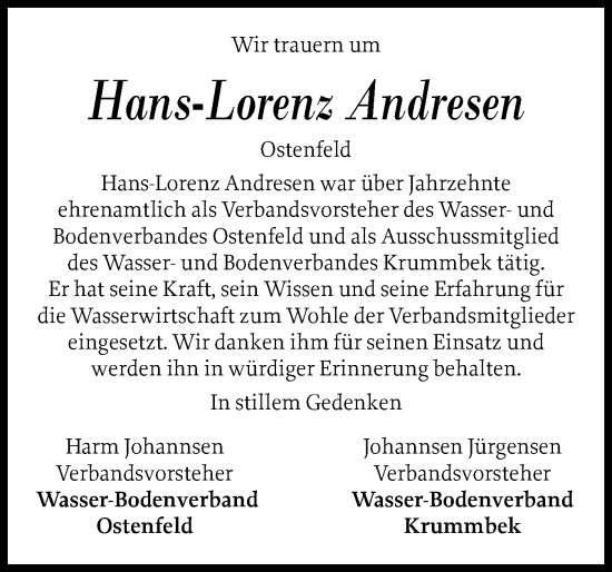 Traueranzeige von Hans-Lorenz Andresen von Husumer Nachrichten, Nordfriesland Tageblatt
