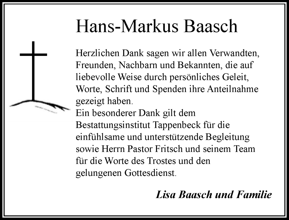  Traueranzeige für Hans-Markus Baasch vom 03.01.2026 aus MARKT Ahrensburg/Bargteheide/Trittau und Stormarner Tageblatt