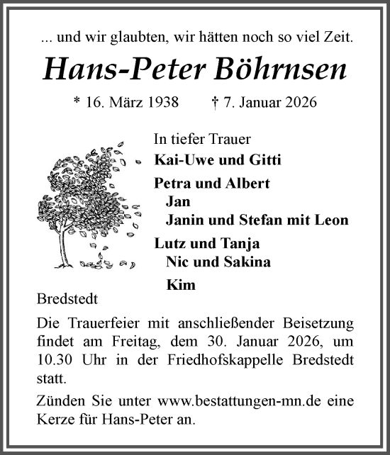 Traueranzeige von Hans-Peter Böhrnsen von Husumer Nachrichten, Nordfriesland Tageblatt