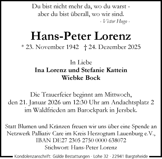 Traueranzeige von Hans-Peter Lorenz von MARKT Ahrensburg/Bargteheide/Trittau und Stormarner Tageblatt