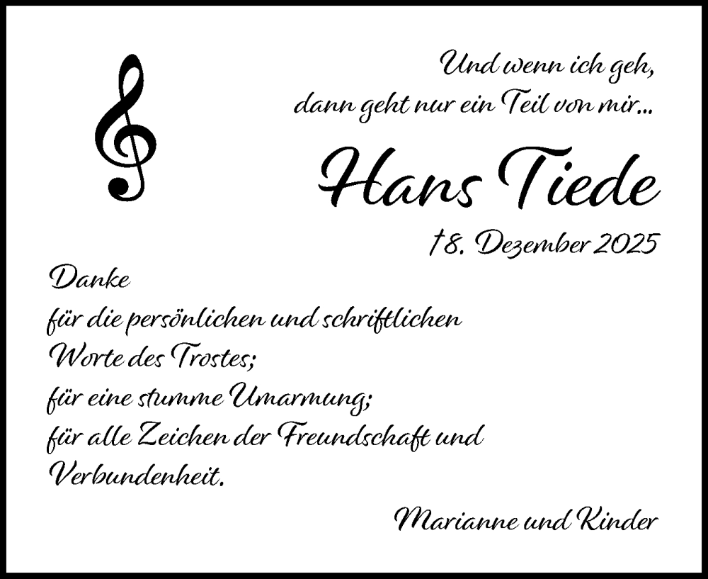  Traueranzeige für Hans Tiede vom 17.01.2026 aus Region Pinneberg und tip Pinneberg