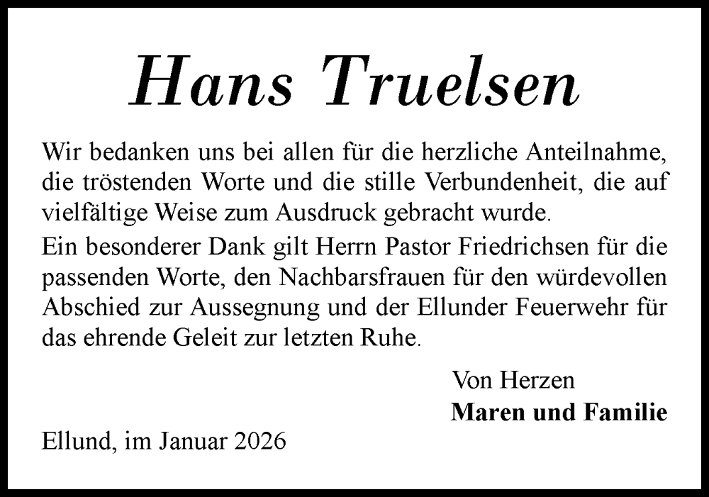  Traueranzeige für Hans Truelsen vom 17.01.2026 aus Region Flensburg