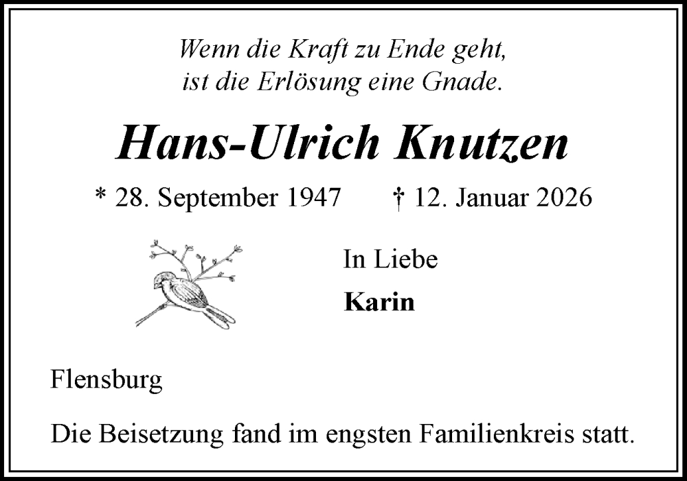  Traueranzeige für Hans-Ulrich Knutzen vom 31.01.2026 aus Flensburger Tageblatt