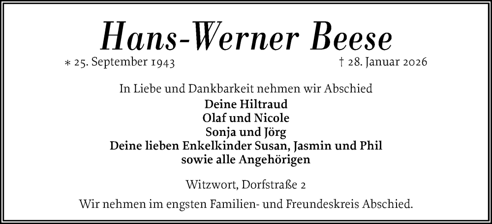  Traueranzeige für Hans-Werner Beese vom 31.01.2026 aus Husumer Nachrichten, Nordfriesland Tageblatt