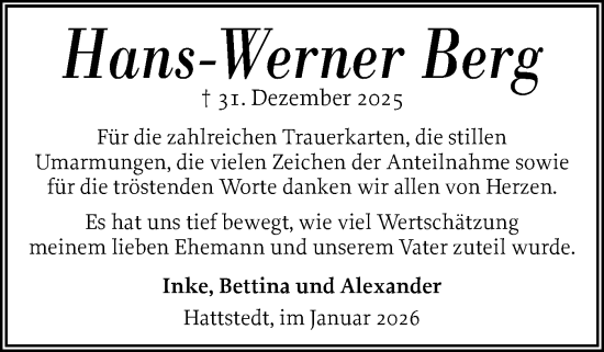 Traueranzeige von Hans-Werner Berg von Husumer Nachrichten, Nordfriesland Tageblatt