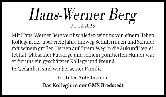Traueranzeige von Hans-Werner Berg von Husumer Nachrichten, Nordfriesland Tageblatt
