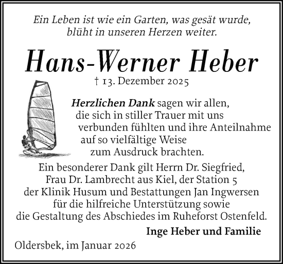 Traueranzeige von Hans-Werner Heber von Husumer Nachrichten, Nordfriesland Tageblatt