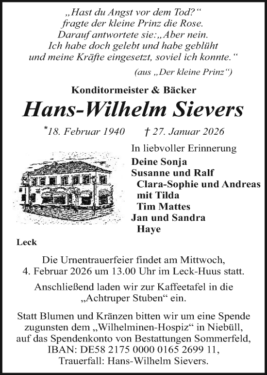 Traueranzeige von Hans-Wilhelm Sievers von Husumer Nachrichten, Nordfriesland Tageblatt