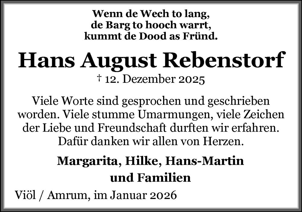  Traueranzeige für Hans August Rebenstorf vom 17.01.2026 aus Region Westküste