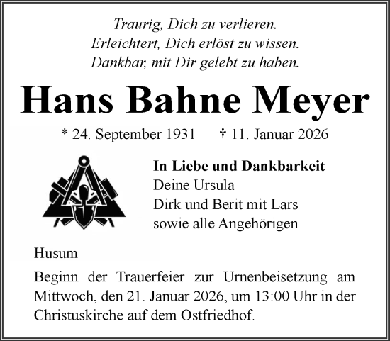 Traueranzeige von Hans Bahne Meyer von Husumer Nachrichten, Nordfriesland Tageblatt