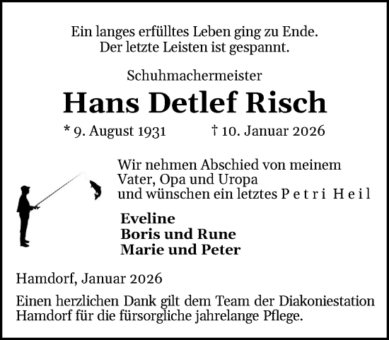 Traueranzeige von Hans Detlef Risch von Schleswig-Holsteinische Landeszeitung