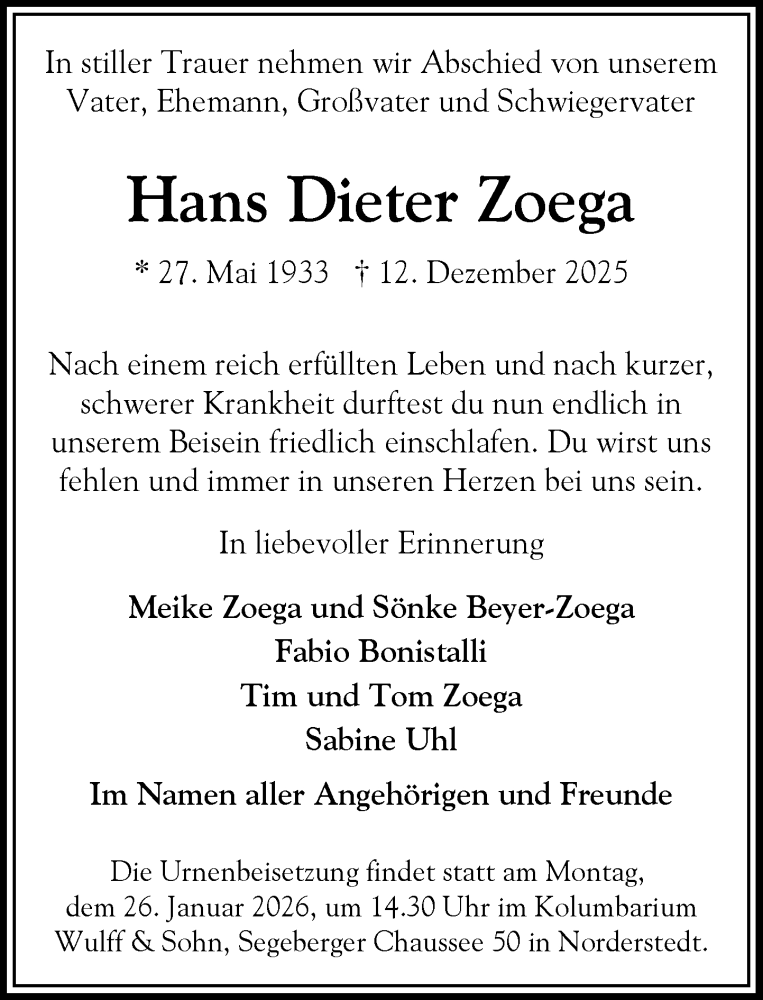  Traueranzeige für Hans Dieter Zoega vom 17.01.2026 aus Heimatspiegel