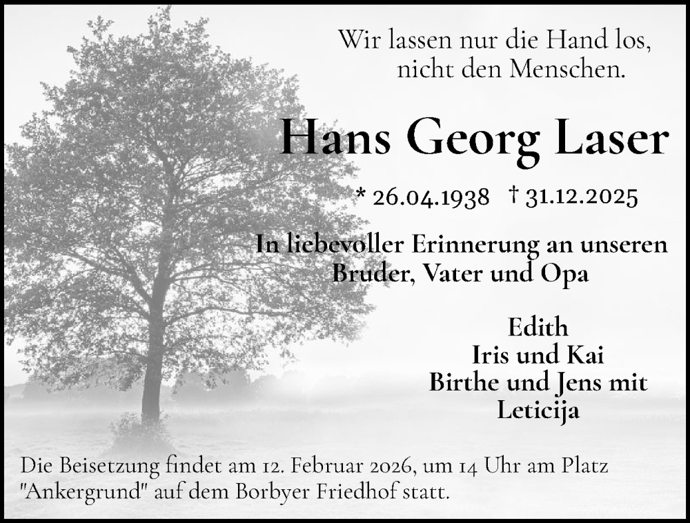  Traueranzeige für Hans Georg Laser vom 29.01.2026 aus Eckernförder Zeitung, Hallo Eckernförde
