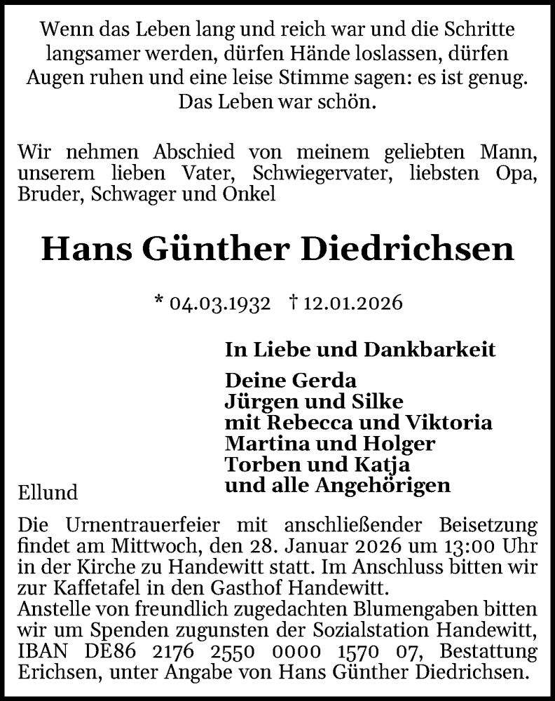  Traueranzeige für Hans Günther Diedrichsen vom 17.01.2026 aus Flensburger Tageblatt