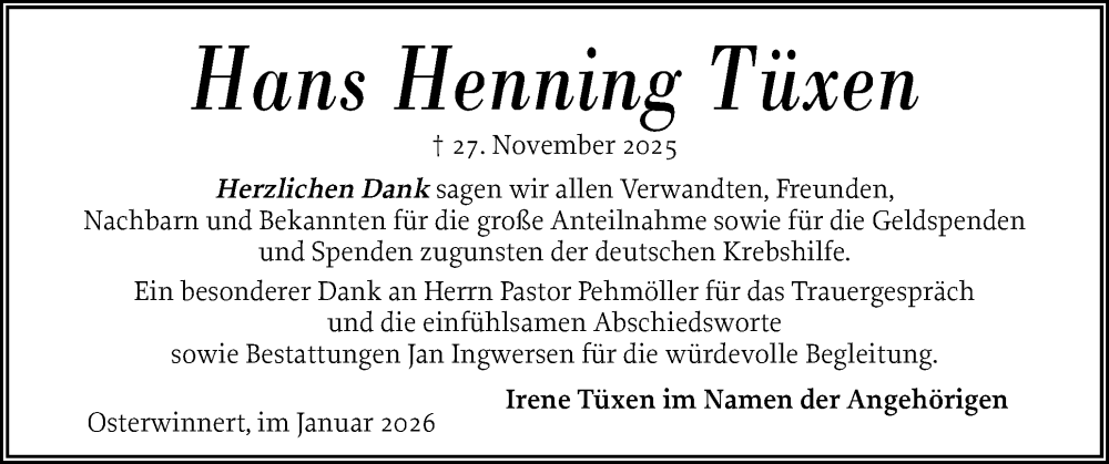  Traueranzeige für Hans Henning Tüxen vom 17.01.2026 aus Husumer Nachrichten, Nordfriesland Tageblatt
