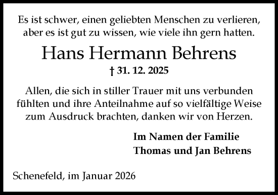 Traueranzeige von Hans Hermann Behrens von Norddeutsche Rundschau, Wilstersche Zeitung, Glückstädter Fortuna
