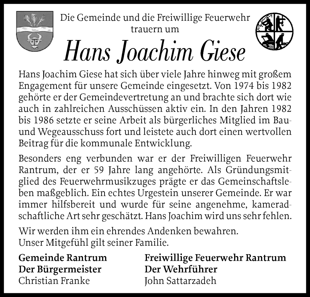  Traueranzeige für Hans Joachim Giese vom 07.01.2026 aus Husumer Nachrichten, Nordfriesland Tageblatt