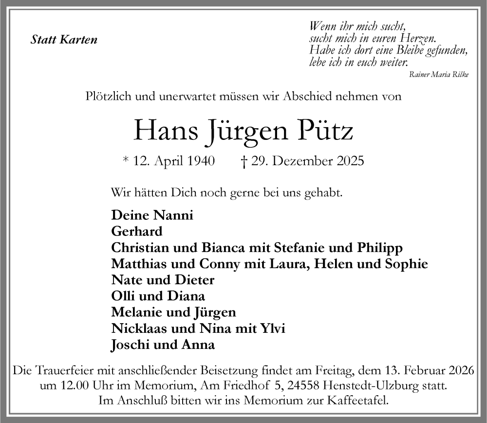  Traueranzeige für Hans Jürgen Pütz vom 31.01.2026 aus Umschau