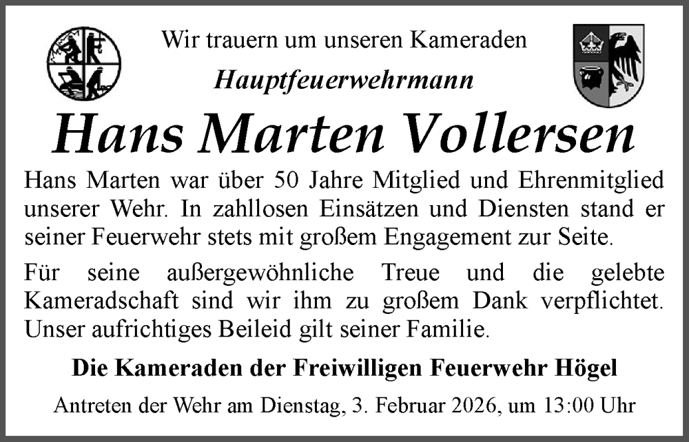  Traueranzeige für Hans Marten Vollersen vom 31.01.2026 aus Husumer Nachrichten, Nordfriesland Tageblatt