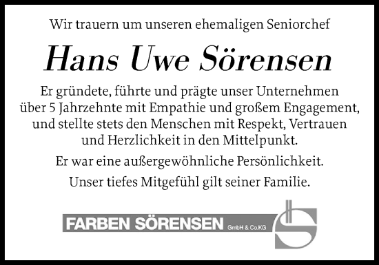 Traueranzeige von Hans Uwe Sörensen von Flensburger Tageblatt