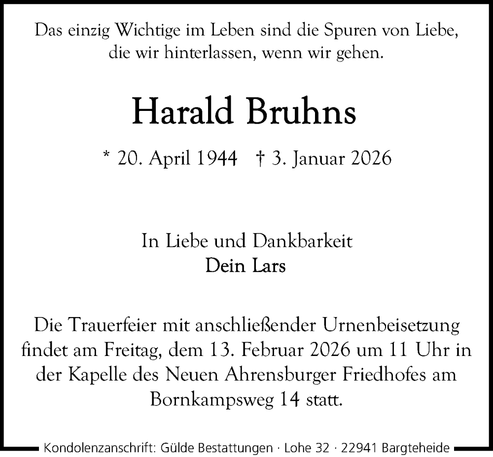  Traueranzeige für Harald Bruhns vom 31.01.2026 aus MARKT Ahrensburg/Bargteheide/Trittau und Stormarner Tageblatt