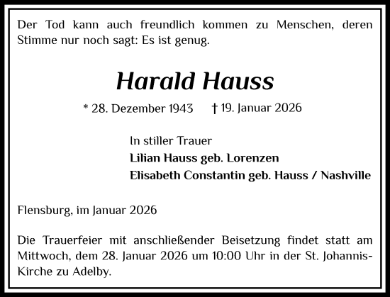 Traueranzeige von Harald Hauss von Flensburger Tageblatt