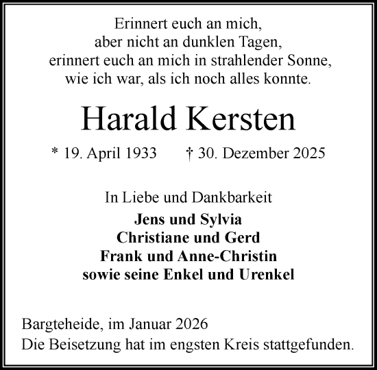 Traueranzeige von Harald Kersten von MARKT Ahrensburg/Bargteheide/Trittau und Stormarner Tageblatt