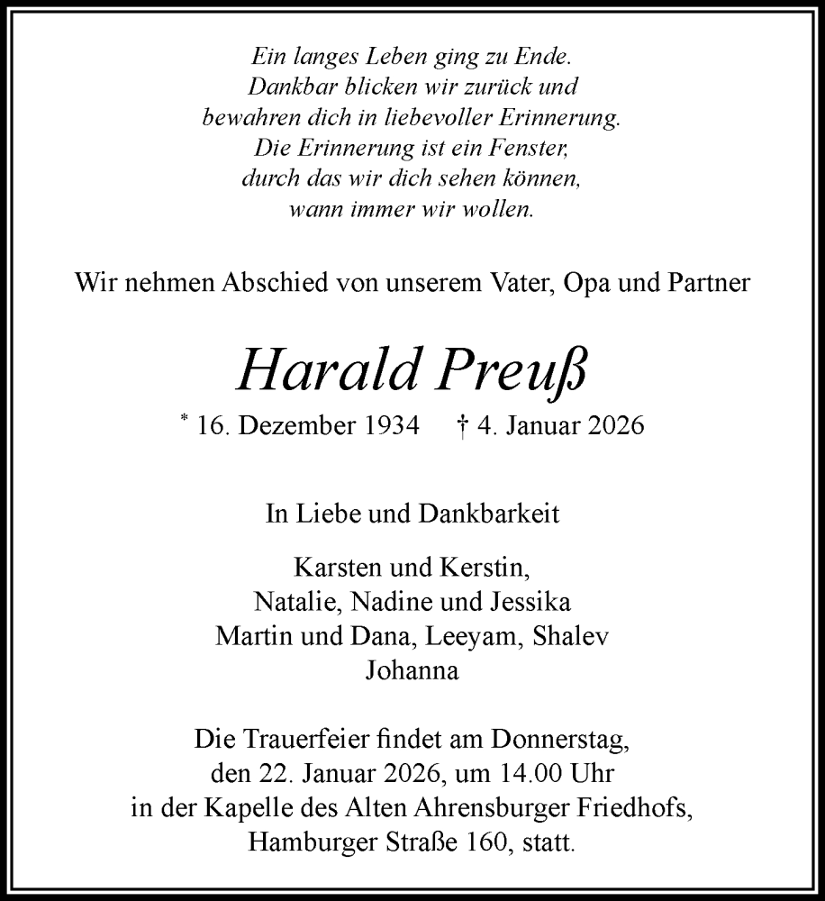  Traueranzeige für Harald Preuß vom 17.01.2026 aus MARKT Ahrensburg/Bargteheide/Trittau und Stormarner Tageblatt