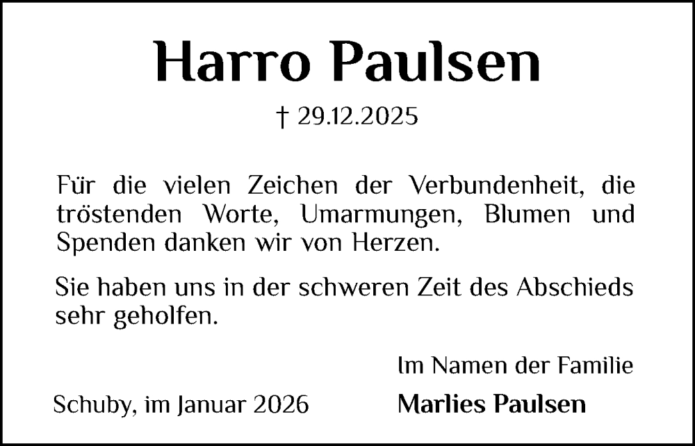  Traueranzeige für Harro Paulsen vom 31.01.2026 aus Schleswiger Nachrichten, Schlei-Bote