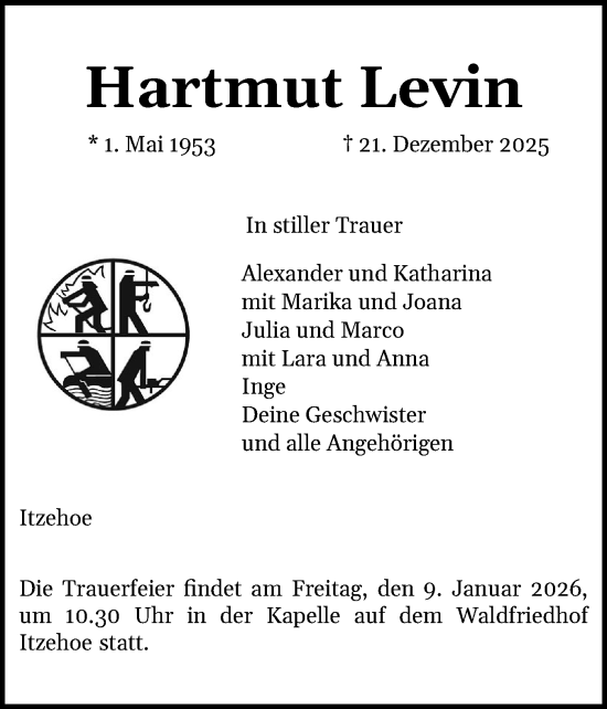 Traueranzeige von Hartmut Levin von Norddeutsche Rundschau, Wilstersche Zeitung, Glückstädter Fortuna
