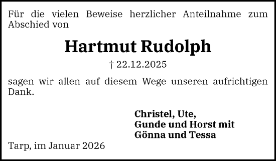 Traueranzeige von Hartmut Rudolph von Flensburger Tageblatt