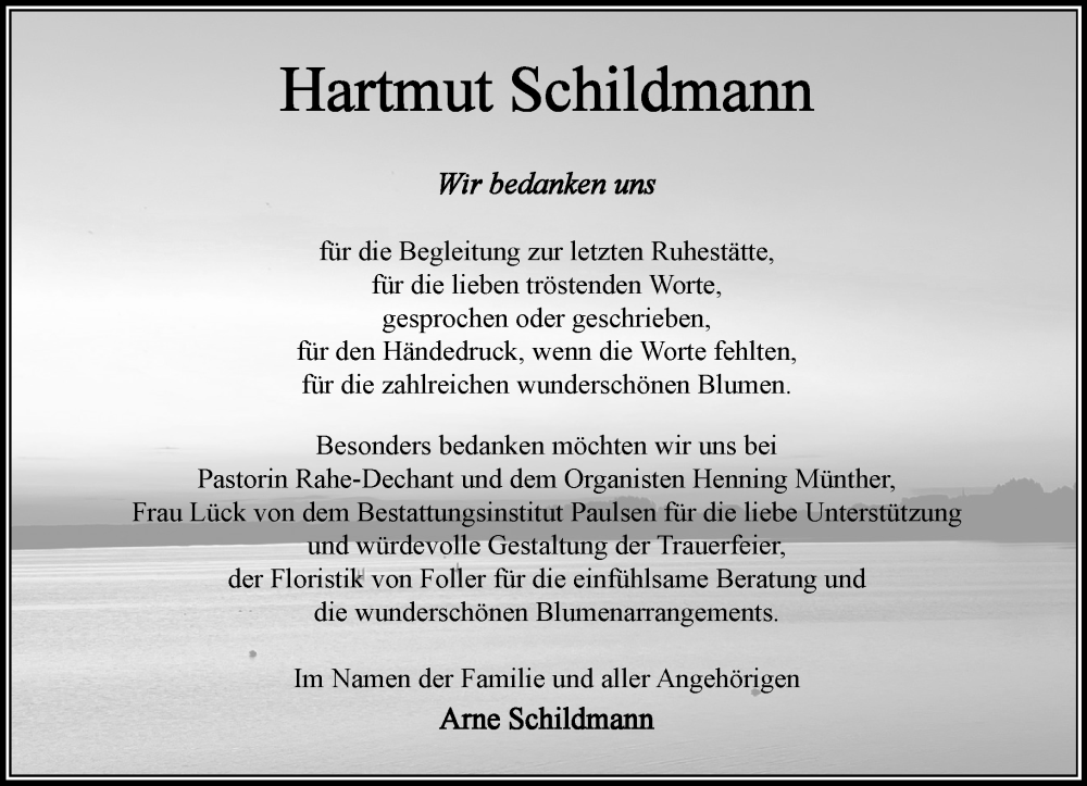  Traueranzeige für Hartmut Schildmann vom 10.01.2026 aus MARKT Bad Oldesloe/Reinfeld, MARKT Ahrensburg/Bargteheide/Trittau und Stormarner Tageblatt