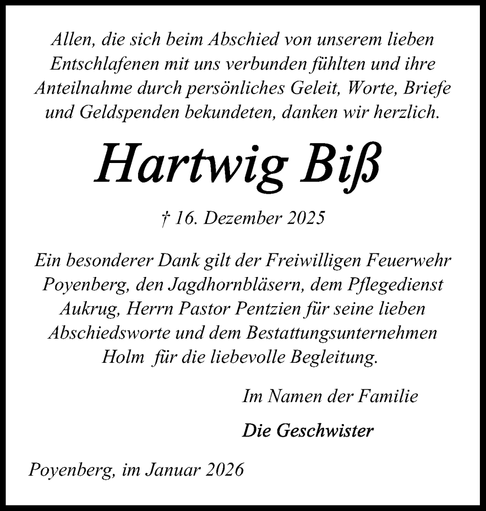  Traueranzeige für Hartwig Biß vom 17.01.2026 aus Norddeutsche Rundschau, Wilstersche Zeitung, Glückstädter Fortuna