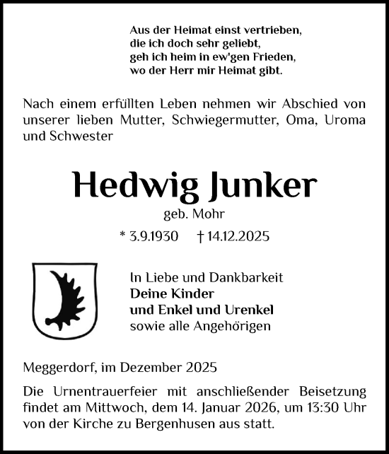 Traueranzeige von Hedwig Junker von Schleswig-Holsteinische Landeszeitung