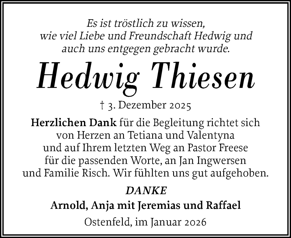  Traueranzeige für Hedwig Thiesen vom 17.01.2026 aus Husumer Nachrichten, Nordfriesland Tageblatt