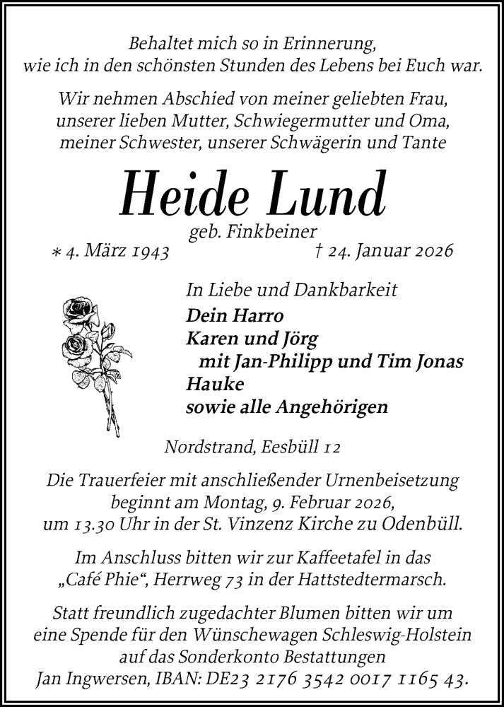  Traueranzeige für Heide Lund vom 31.01.2026 aus Husumer Nachrichten, Nordfriesland Tageblatt
