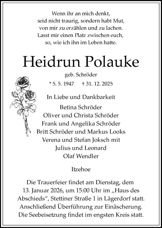 Traueranzeige von Heidrun Polauke von Norddeutsche Rundschau, Wilstersche Zeitung, Glückstädter Fortuna