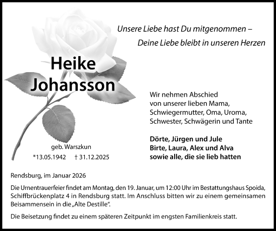 Traueranzeige von Heike Johansson von Schleswig-Holsteinische Landeszeitung