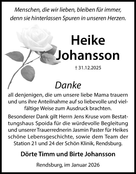 Traueranzeige von Heike Johansson von Schleswig-Holsteinische Landeszeitung