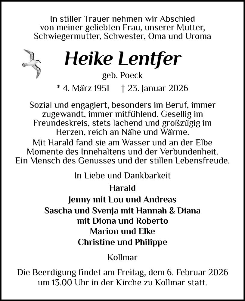  Traueranzeige für Heike Lentfer vom 31.01.2026 aus Norddeutsche Rundschau, Wilstersche Zeitung, Glückstädter Fortuna