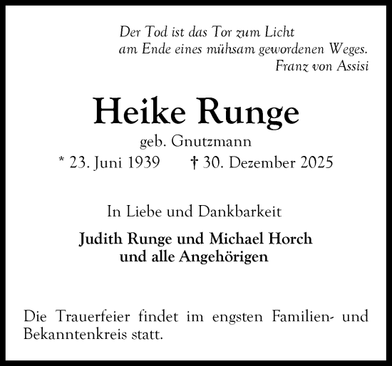 Traueranzeige von Heike Runge von Ostholsteiner Anzeiger