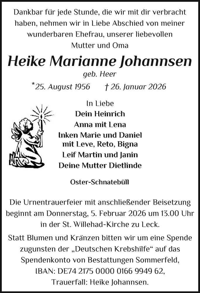  Traueranzeige für Heike Marianne Johannsen vom 31.01.2026 aus Region Flensburg