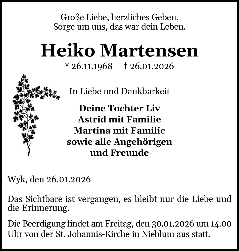  Traueranzeige für Heiko Martensen vom 29.01.2026 aus Der Insel-Bote