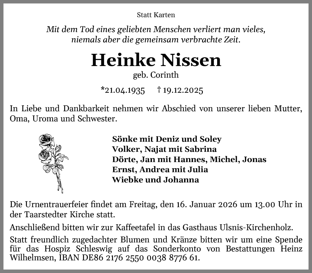  Traueranzeige für Heinke Nissen vom 10.01.2026 aus Schleswiger Nachrichten, Schlei-Bote