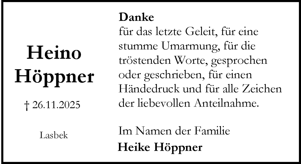  Traueranzeige für Heino Höppner vom 17.01.2026 aus MARKT Bad Oldesloe/Reinfeld, MARKT Ahrensburg/Bargteheide/Trittau und Stormarner Tageblatt